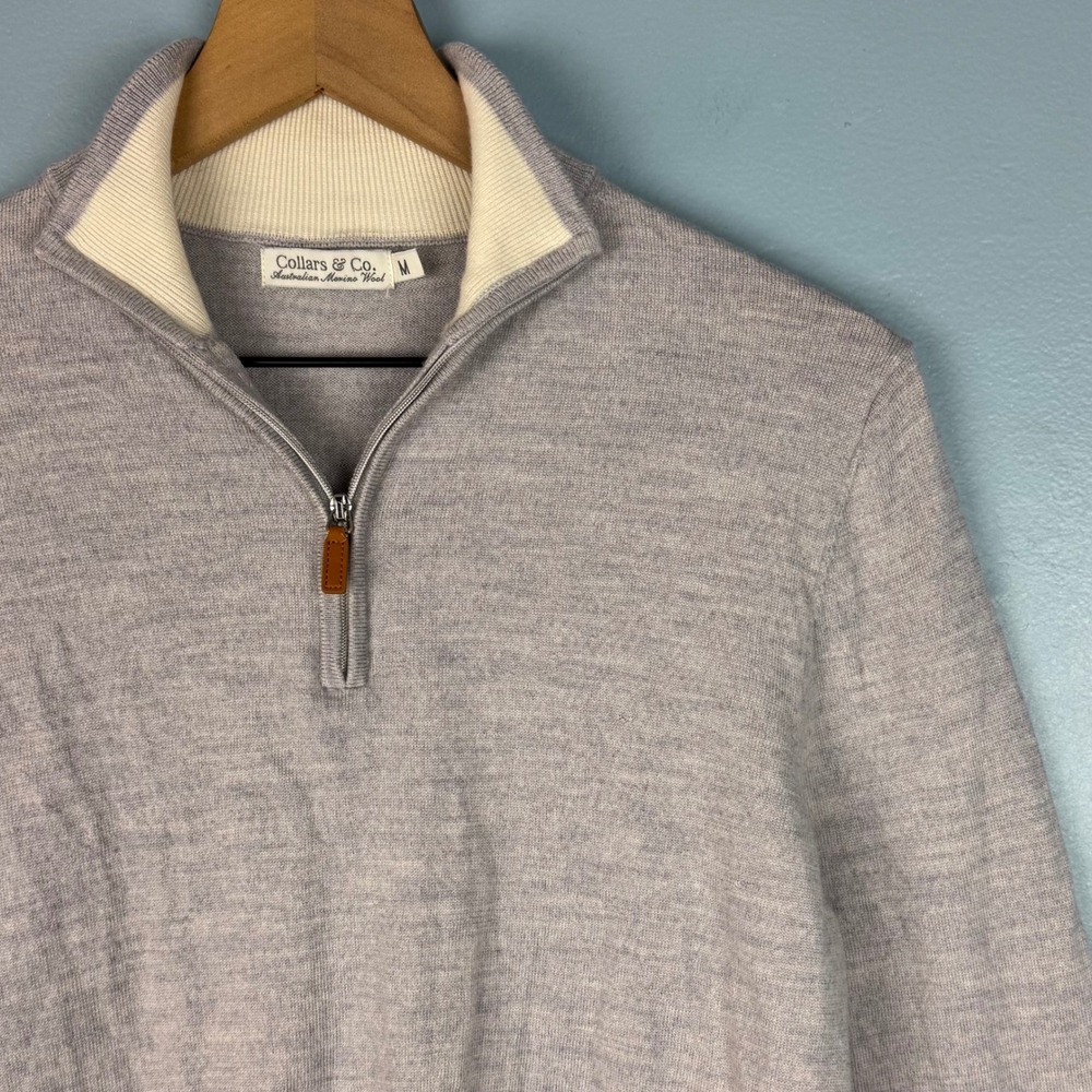 Collars & Co. Men's Medium Gray Merino‎ Wool 1/4 Quarter Zip Pullover Sweater